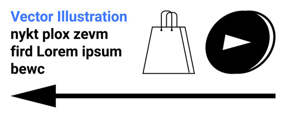 Arrow points left, shopping bag icon, play button symbol, text blocks with placeholder text. Ideal for digital commerce, media streaming, navigation, marketing, user interface design online