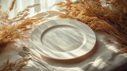 Empty white plate with wheat on linen tablecloth in sunlight.