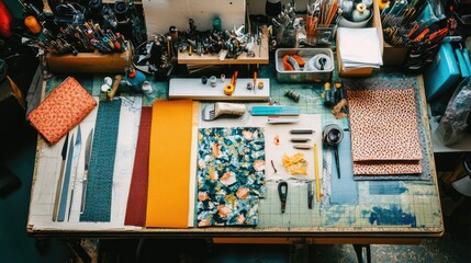 Fabric scraps and patterns laid out on a cutting table.