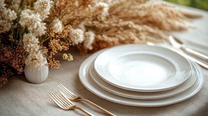 Elegant table setting with white plates, gold cutlery, and dried floral centerpiece.
