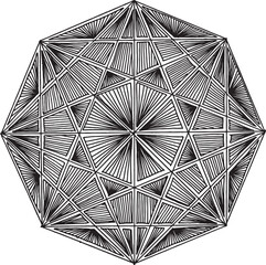 Circular black and white pattern. Polygon texture composed of irregular geometric elements. Distressed uneven grunge background. Abstract vector illustration. 