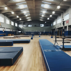 Gymnastics training session sports hall indoor educational wide-angle balance beams and uneven bars