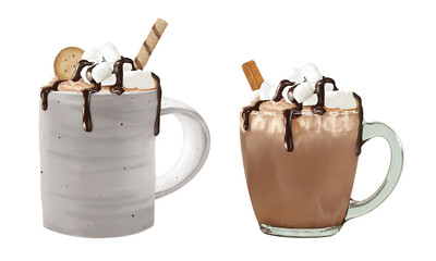 Set of watercolor hot chocolate in cup and mug with marshmallows, cookie and choco stick topping, filling with creamy cream. Drinks illustration for winter season.