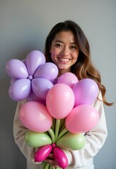 Smiling Woman with Balloon Flower Bouquet: Isolated 25-Year-Old with Pastel Balloons, Waist-Length Portrait, Friendly Expression, Minimalist Gray Backdrop, Soft Lighting


