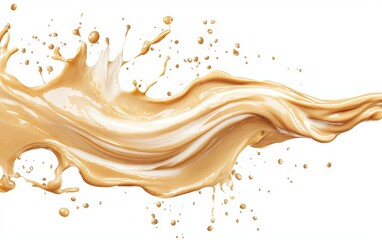 A flying stream of cashew butter with creamy splashes, creating artistic patterns on a white backdrop.