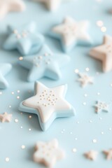 Delicate soft blue and white stars rest on a soothing pastel gradient, evoking a cheerful ambiance. The design features glowing light accents and ample text space for creativity