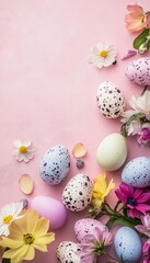 Vibrant assortment of easter eggs with colorful spring flowers on a soft pink background