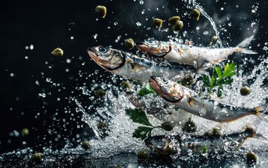 Fototapeta premium A cluster of mackerel pieces with capers and brine splashes in the air.