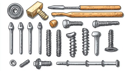 Fototapeta premium A set of construction nails, screws, and bolts on a white isolated background