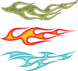 Vector colorful textured flames for vehicle vinyl decals and wraps. Ready-to-cut graphics for racing cars, off-road and sport vehicles, hot rod automobiles, ATVs, trucks, motors, bikes, T-shirts.