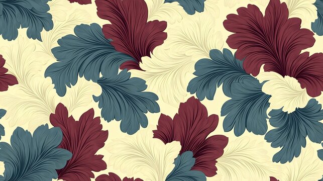 Elegant floral pattern design, cream background, maroon and teal leaves, textile print