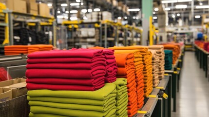 Neatly folded garments ready for packaging in a factory.