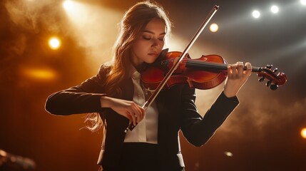 Fototapeta premium Talented Young Female Musician in Concert Attire Playing Violin on Stage with Backdrop and Spotlight Effect