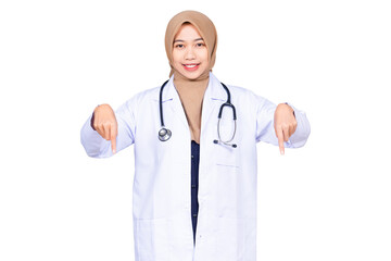 Female doctor pointing finger isolated transparent