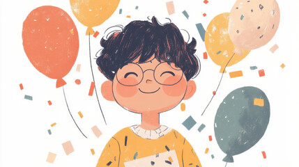 Adorable child with glasses smiling amidst colorful balloons and confetti, exuding a festive and cheerful vibe. Perfect for birthday designs, celebrations, or kids’ party invitations