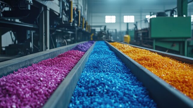 Rows of brightly colored plastic granules being sorted in a processing unit.