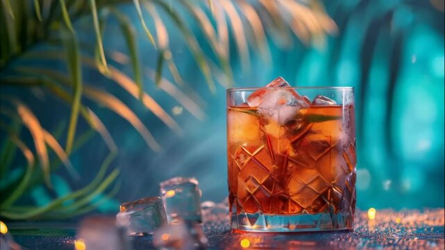 Summer refreshing mocktail on pink background with tropic palm leaves. Summer alcoholic cocktails concept. Cool beach drink. Fruit berry cocktail. Design for banner, invitation. 4k video