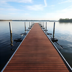 Obraz premium Rowing race preparation lakeside dock high-resolution image tranquil waters eye-level perspective sport enthusiasm