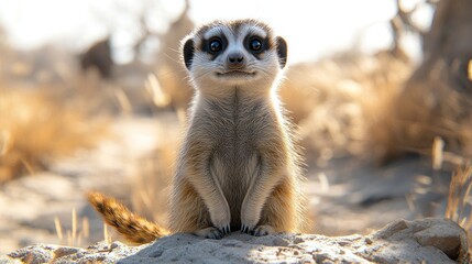 Fototapeta premium Curious meerkat standing on rock in dry grassland