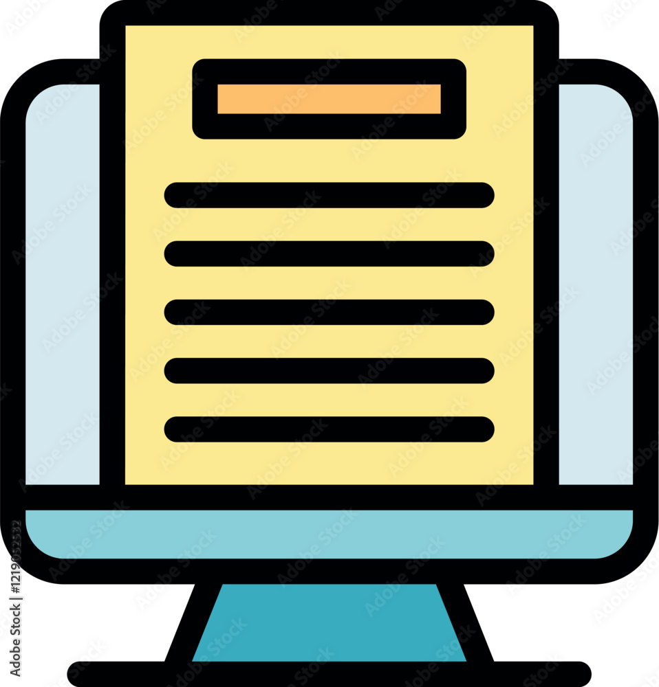 Poster desktop computer displaying an online document with text and headline, representing online reading, 
