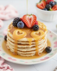 Delicious stack of pancakes with syrup and fresh berries on top