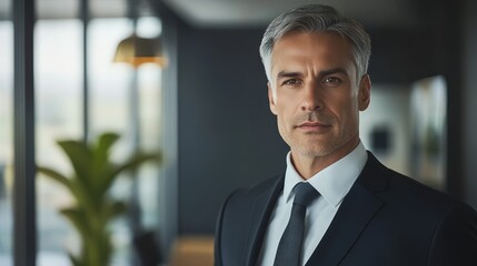 Obraz premium Confident Middle-aged Male Lawyer in Formal Suit with Office Background