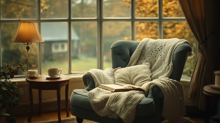 Cozy autumn armchair reading by window (1)