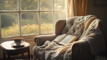 Cozy autumn reading nook by window with warm drink