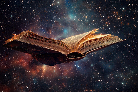 A book floats in space with a distant planet surrounded by stars, symbolizing knowledge and exploration in the universe