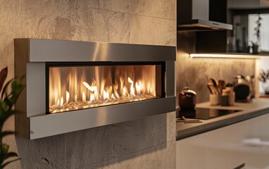 A contemporary wall-mounted bio fireplace in a silver metal frame, set in a modern kitchen with sleek cabinetry