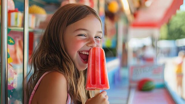 A happy young girl enjoying a watermelon popsicle at an outdoor market with a bright smile