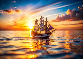 Obraz premium Miniature Sailing Ship at Sunset, Idyllic Seascape, Tilt-Shift Photography