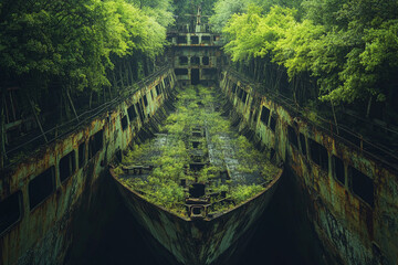 Abandoned ship overgrown with plants in a tranquil bay showcasing nature&rsquo;s reclamation of man-made structures
