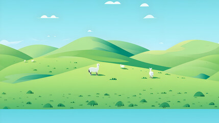 Alpacas grazing on lush green hills under bright blue sky scenic nature landscape peaceful environment