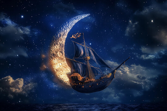 Sailing on a moonlit sea with a vintage ship against a starry sky at night