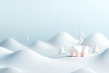 Snow blankets the landscape, highlighting an inviting cabin with smoke rising from its chimney. Abstract mountains rise softly in the background amidst gently falling snowflakes