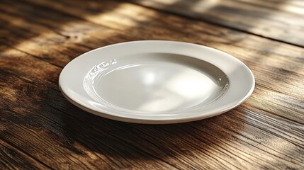 Empty white plate on rustic wooden table in sunlight.