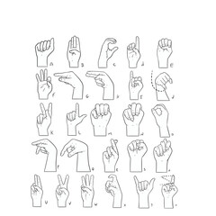 ASL alphabet in black and white linework handrawn