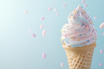 A waffle cone is filled with a delightful swirl of soft-serve ice cream in pastel pink, blue, and yellow. Colorful sprinkles add a cheerful touch against a soft pastel background