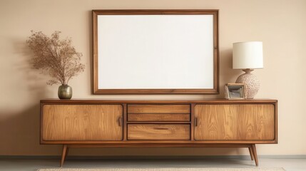 Mid-Century Modern Sideboard With A Large Framed Picture, Lamp And Dried Flowers. Warm, Neutral Colors And Textures.