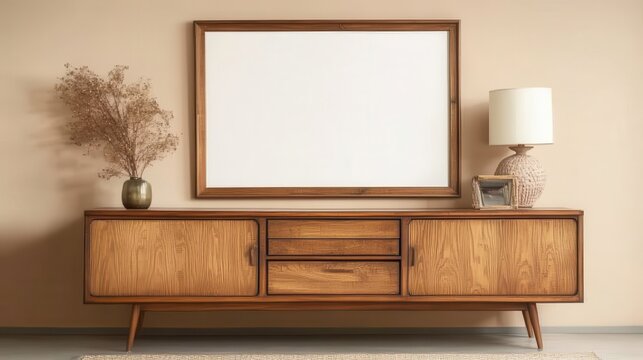 Mid-Century Modern Sideboard With A Large Framed Picture, Lamp And Dried Flowers. Warm, Neutral Colors And Textures.