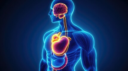 human anatomy with glowing organs showcasing brain, heart, liver, and intestines