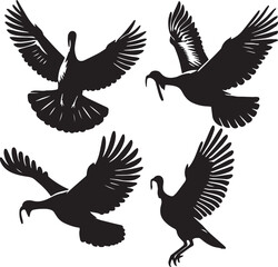 turkey flying poses, turkey silhouette, turkey vector, black and white turkey, turkey flying illustration, flying turkey set