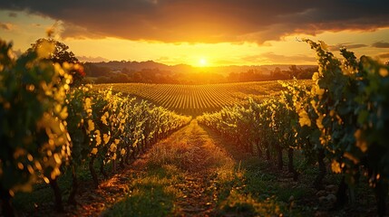 Fototapeta premium Golden Hour Vineyard: A Sunset Symphony in Wine Country