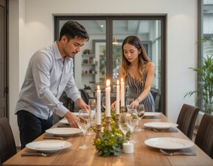 A modern dining room where a man and woman set the table for a dinner party, with him arranging plates and her lighting candles, creating an inviting atmosphere of teamwork and shared responsibility 