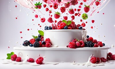 white two-tiered product podium with mixed berries and a tornado of falling berries Splash of milk or yogurt White background For creative advertising Booklets Generative AI