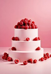 Raspberry cake on a plate Summer product podium with raspberry Display Mockup White cylinder podium with berries on pink background Promotional product