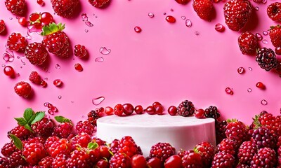 Raspberry and blackberry Summer product podium with berries and water drops Display Mockup White cylinder podium with mix of berries on pink background Promotional product