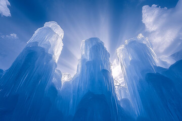 Majestic ice formations illuminated by soft light create an enchanting underground scene in a cave