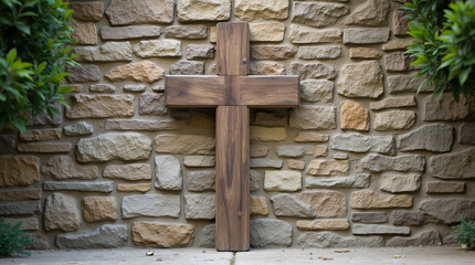 Wooden Cross on Stone Wall for Peaceful Spiritual Symbolism

